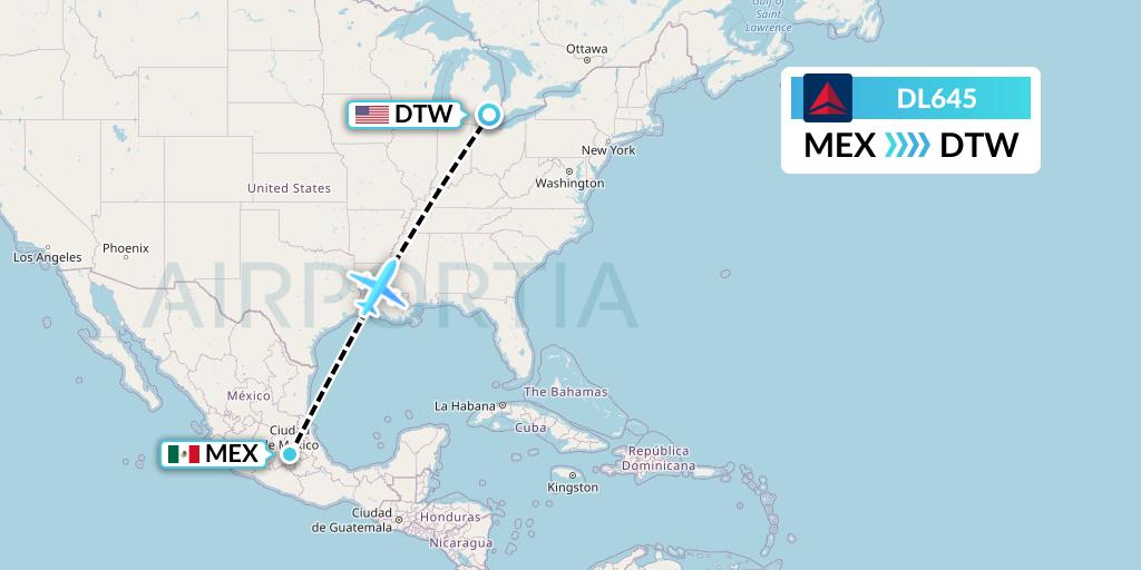 DL645 Delta Air Lines Flight Map: Mexico City to Detroit