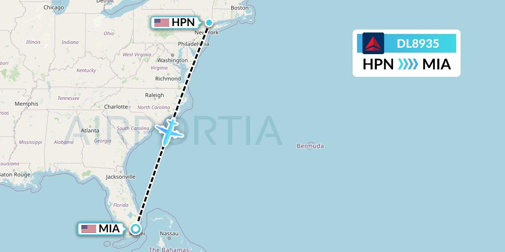 DL8935 Delta Air Lines Flight Map: White Plains to Miami