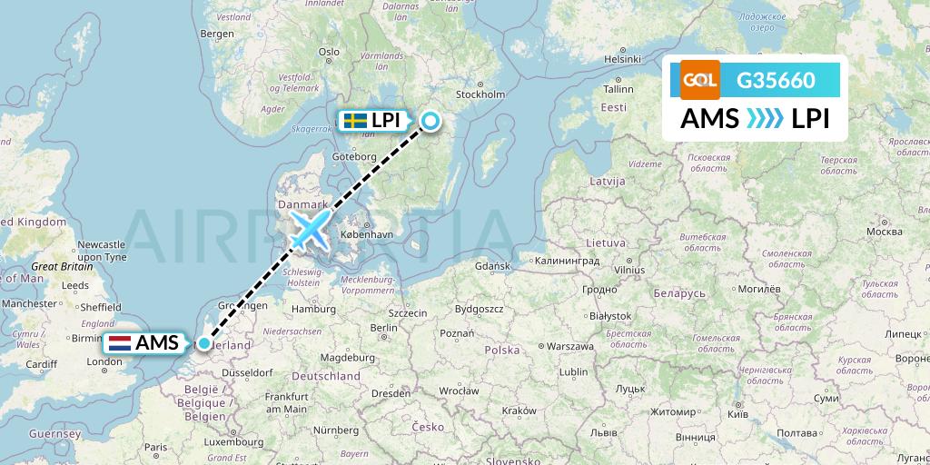 G35660 GOL Transportes Aeros Flight Map: Amsterdam to Linkoping