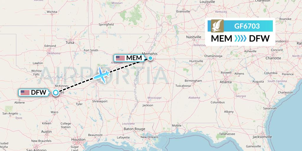 GF6703 Gulf Air Flight Map: Memphis to Dallas