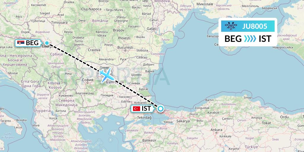 JU8005 AirSERBIA Flight Map: Belgrade to Istanbul