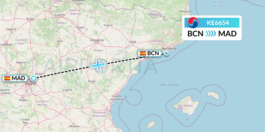 KE6654 Korean Air Flight Map: Barcelona to Madrid