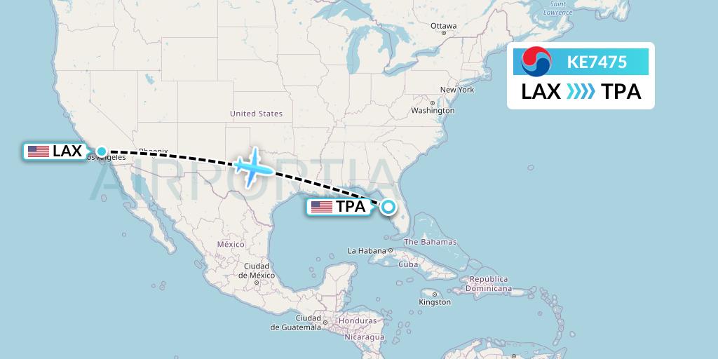 KE7475 Korean Air Flight Map: Los Angeles to Tampa