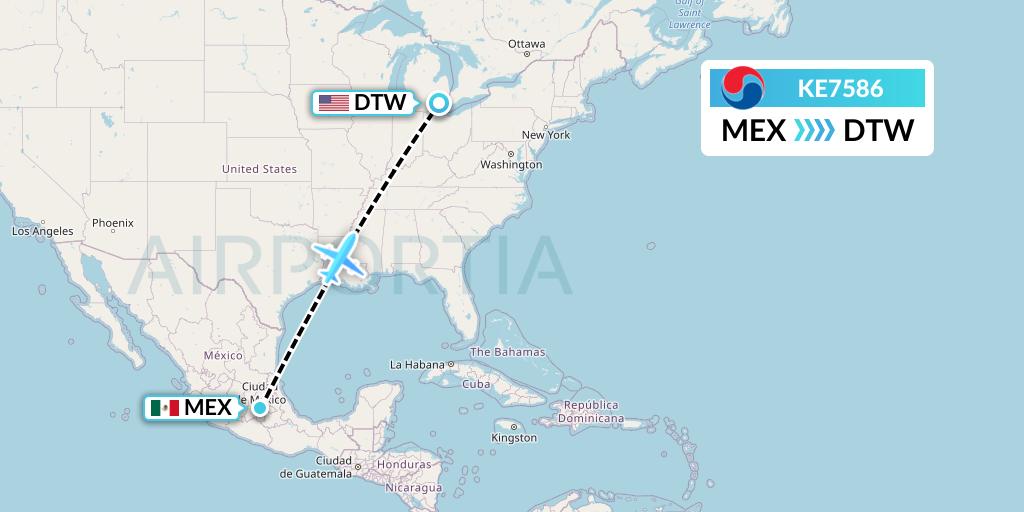 KE7586 Korean Air Flight Map: Mexico City to Detroit