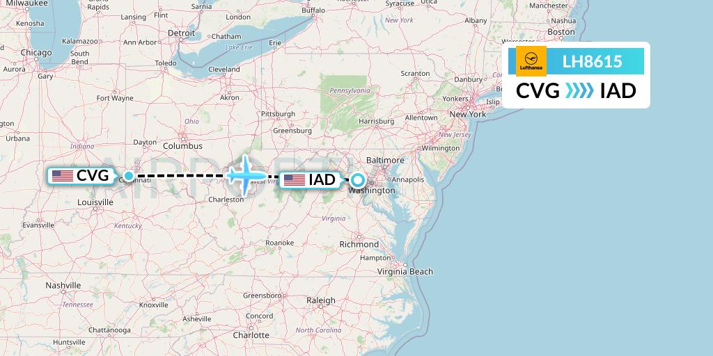LH8615 Lufthansa Flight Map: Cincinnati to Washington