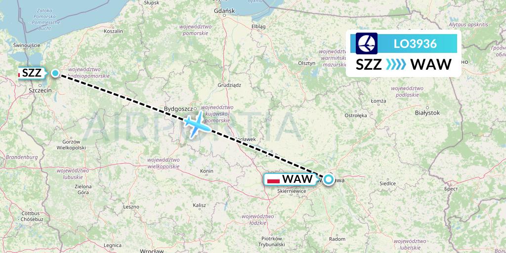 LO3936 LOT Flight Map: Szczecin to Warsaw