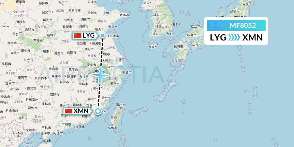 MF8052 Xiamen Airlines Flight Map: Lianyungang to Xiamen
