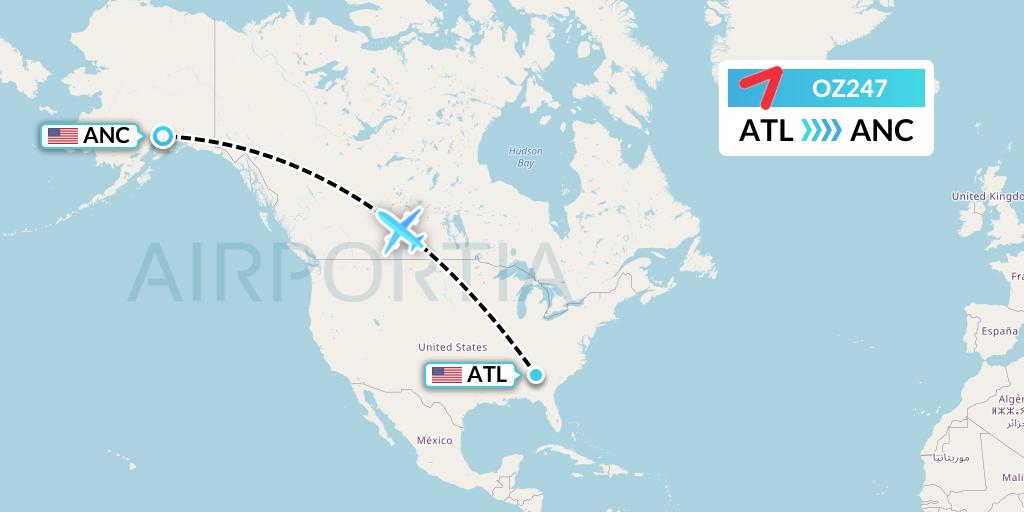 OZ247 Asiana Airlines Flight Map: Atlanta to Anchorage