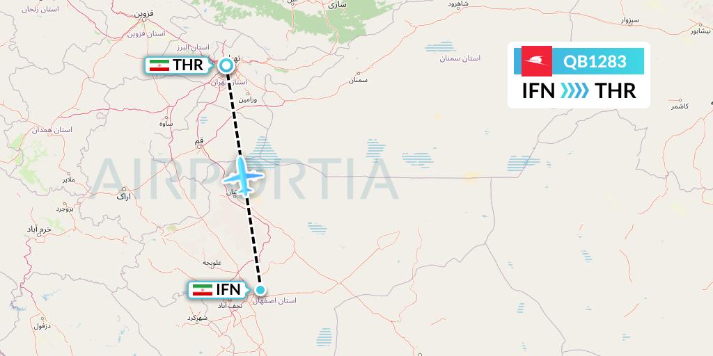 QB1283 Qeshm Airlines Flight Map: Isfahan to Tehran