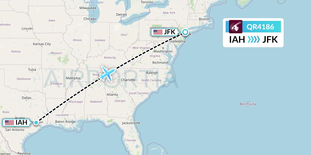 QR4186 Qatar Airways Flight Map: Houston to New York