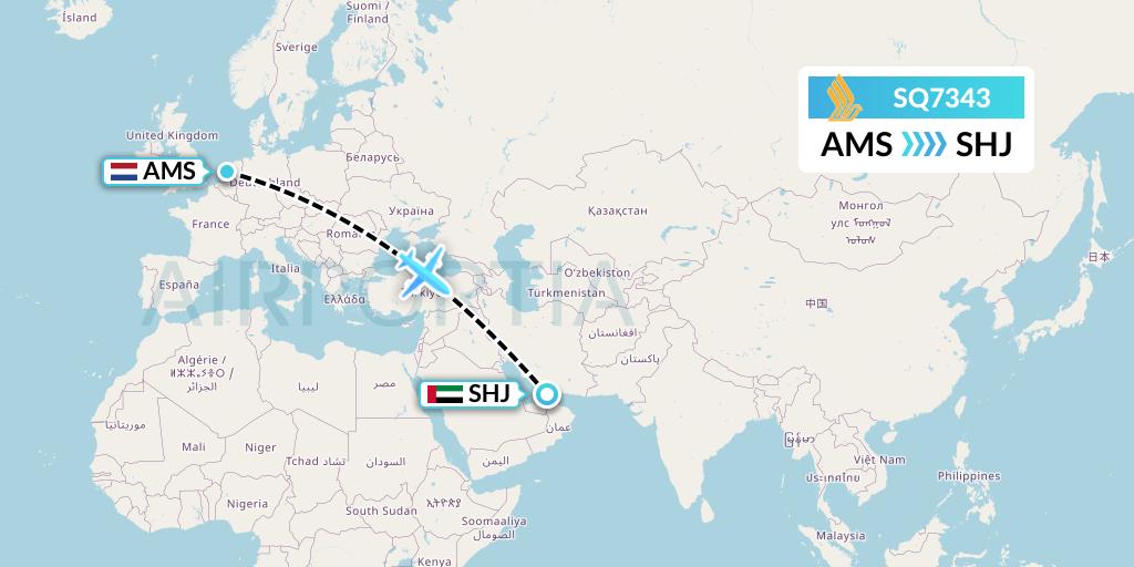 SQ7343 Singapore Airlines Flight Map: Amsterdam to Sharjah