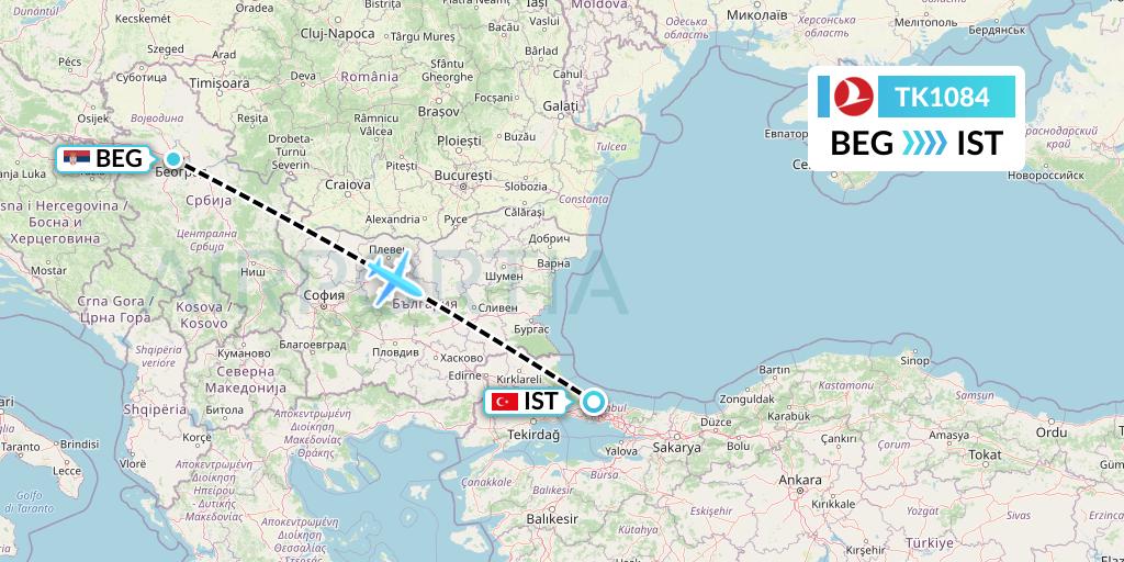 TK1084 Turkish Airlines Flight Map: Belgrade to Istanbul