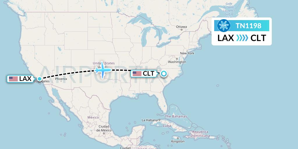 TN1198 Air Tahiti Nui Flight Map: Los Angeles to Charlotte
