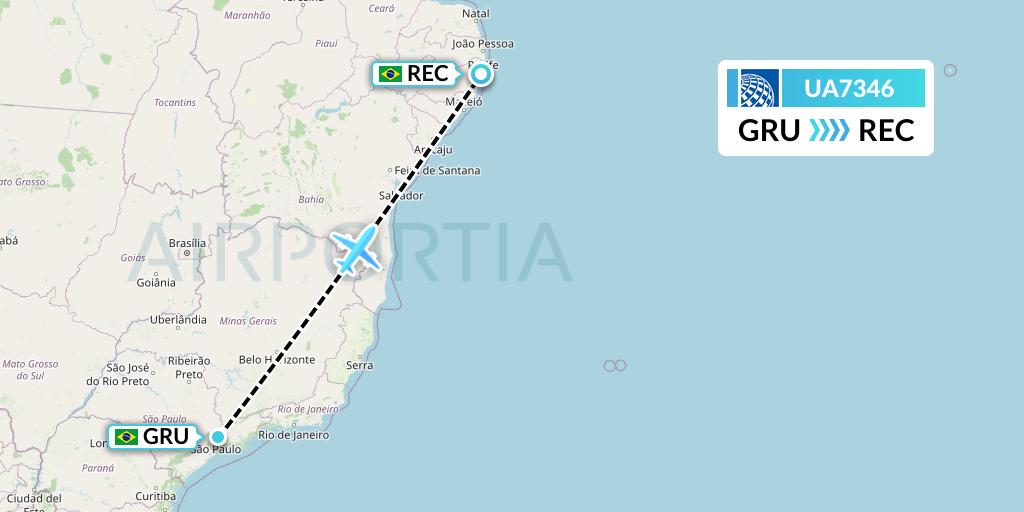 UA7346 United Airlines Flight Map: Sao Paulo to Recife