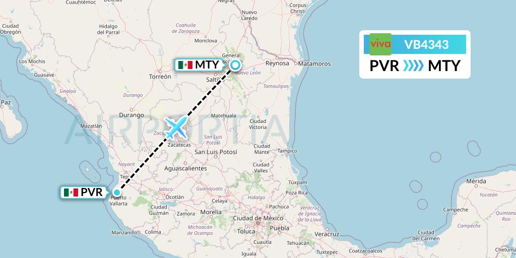 VB4343 VivaAerobus Flight Map: Puerto Vallarta to Monterrey