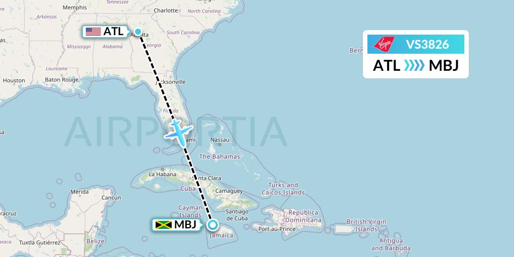 VS3826 Virgin Atlantic Airways Flight Map: Atlanta to Montego Bay