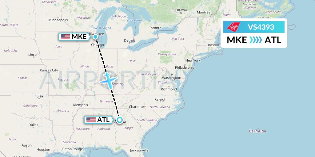 VS4393 Virgin Atlantic Airways Flight Map: Milwaukee to Atlanta
