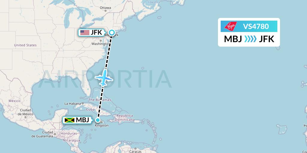 VS4780 Virgin Atlantic Airways Flight Map: Montego Bay to New York