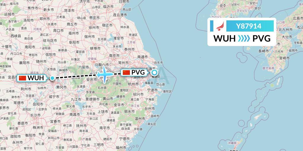 Y87914 Yangtze River Express Flight Map: Wuhan to Shanghai