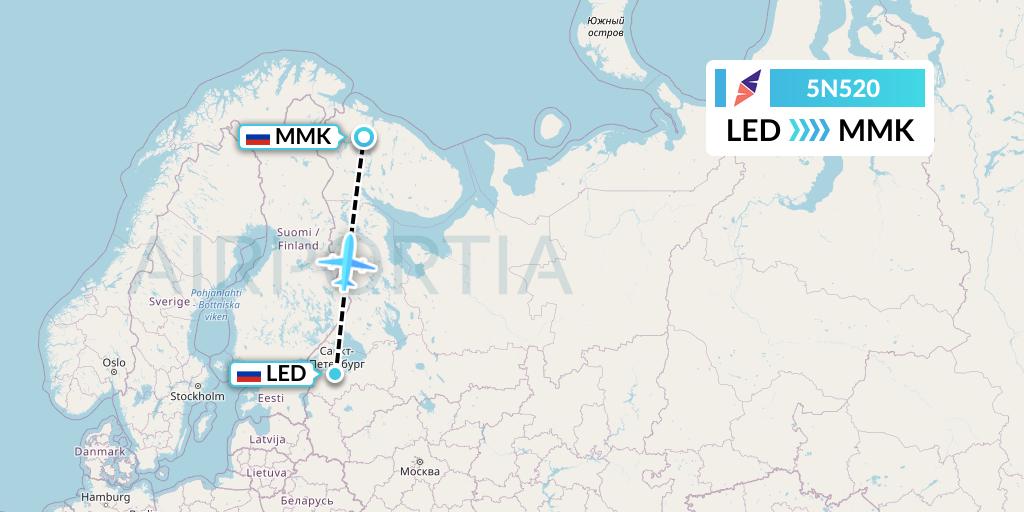 5N520 Nordavia Flight Map: St. Petersburg to Murmansk