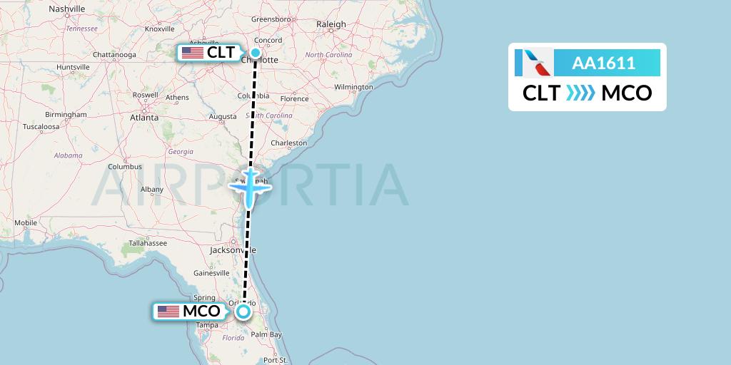 AA1611 American Airlines Flight Map: Charlotte to Orlando