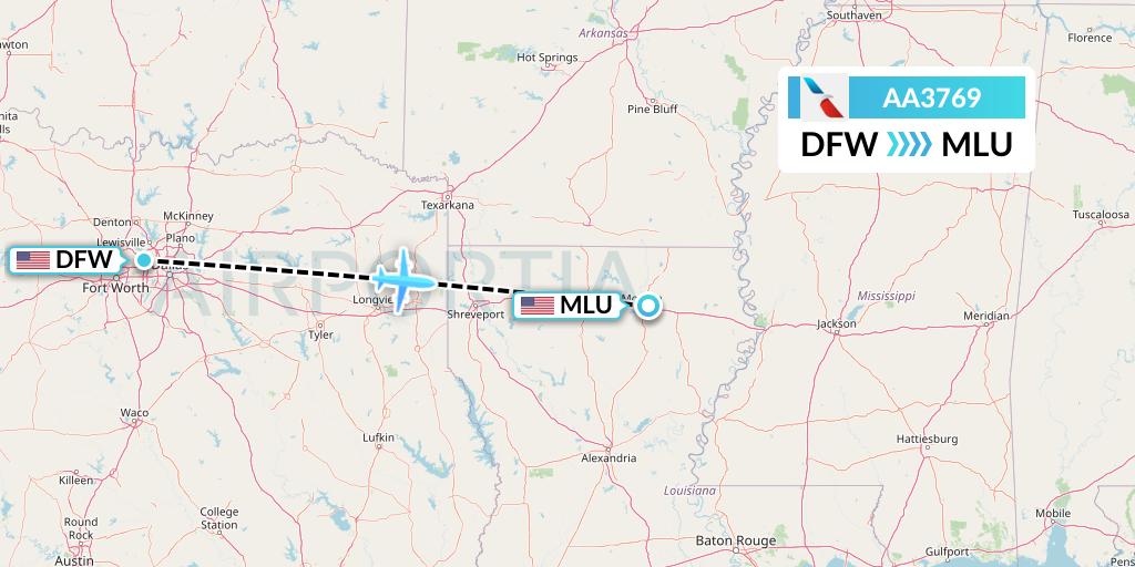 AA3769 American Airlines Flight Map: Dallas to Monroe