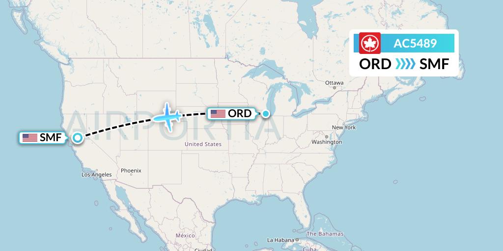 AC5489 Air Canada Flight Map: Chicago to Sacramento