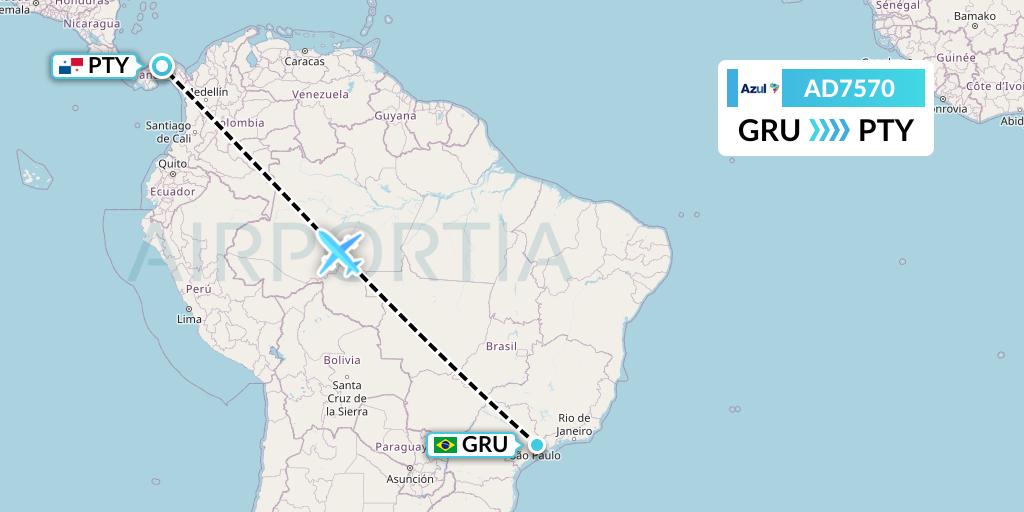 AD7570 Azul Brazilian Airlines Flight Map: Sao Paulo to Panama City