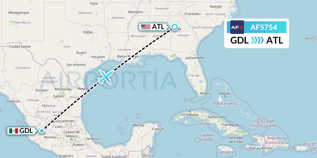 AF5754 Air France Flight Map: Guadalajara to Atlanta