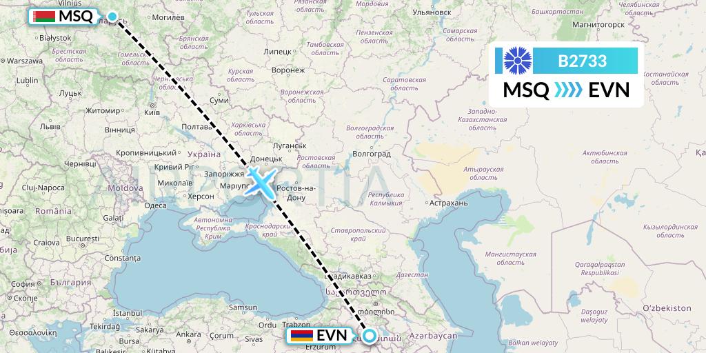 B2733 Belavia Flight Map: Minsk to Yerevan