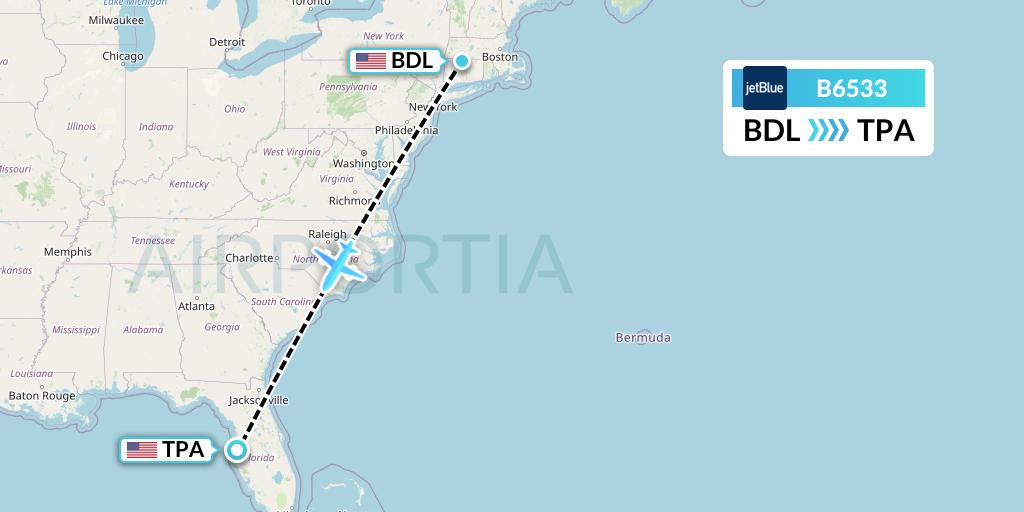 B6533 JetBlue Airways Flight Map: Windsor Locks to Tampa
