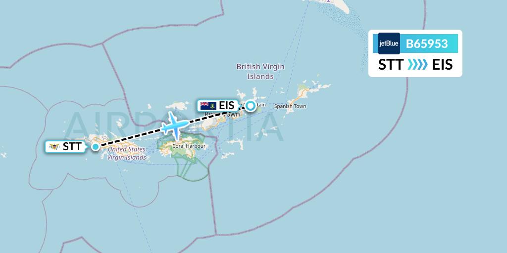 B65953 JetBlue Airways Flight Map: St. Thomas to Beef Island