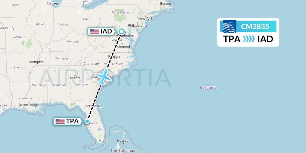 CM2835 Copa Airlines Flight Map: Tampa to Washington