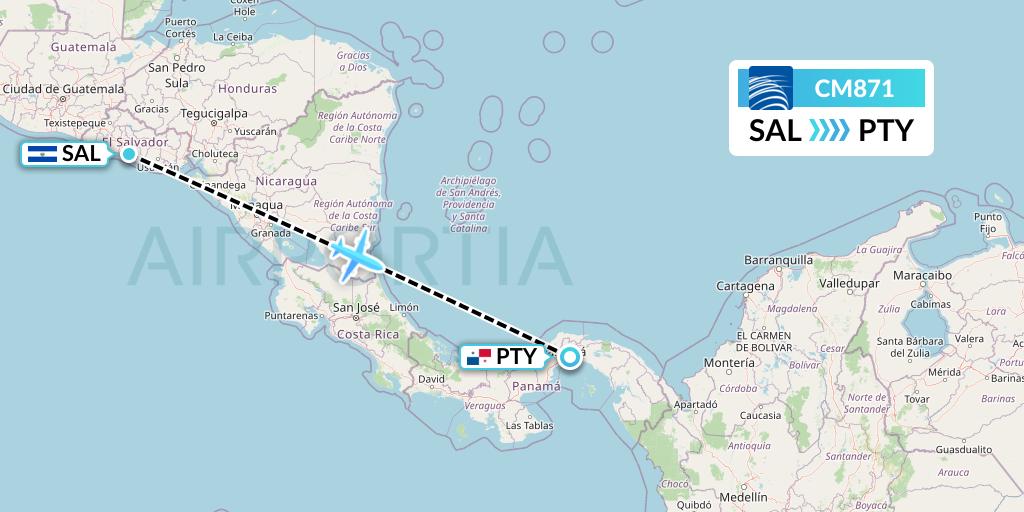 CM871 Copa Airlines Flight Map: San Salvador to Panama City