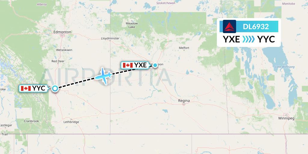 DL6932 Delta Air Lines Flight Map: Saskatoon to Calgary