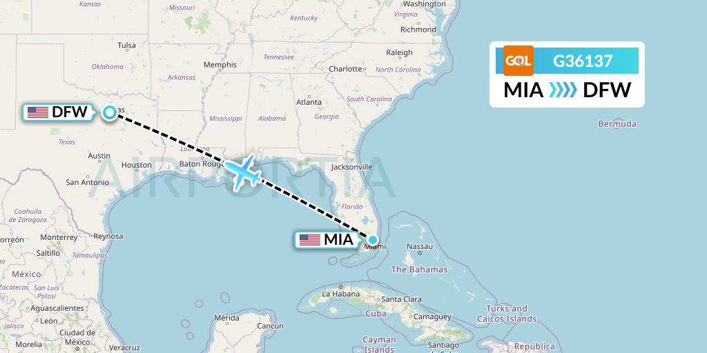 G36137 GOL Transportes Aeros Flight Map: Miami to Dallas