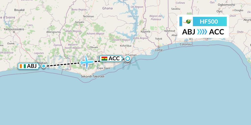 HF500 Air Cote d'Ivoire Flight Map: Abidjan to Accra