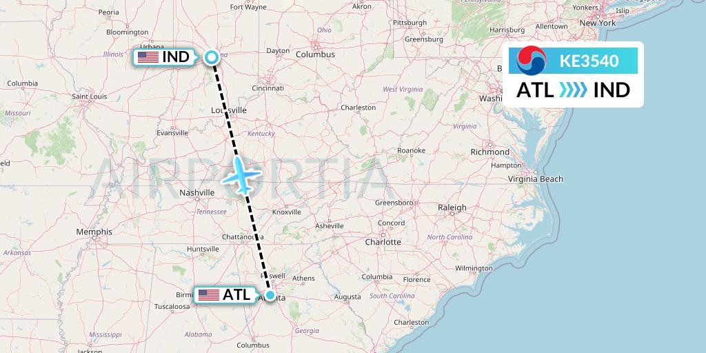 KE3540 Korean Air Flight Map: Atlanta to Indianapolis