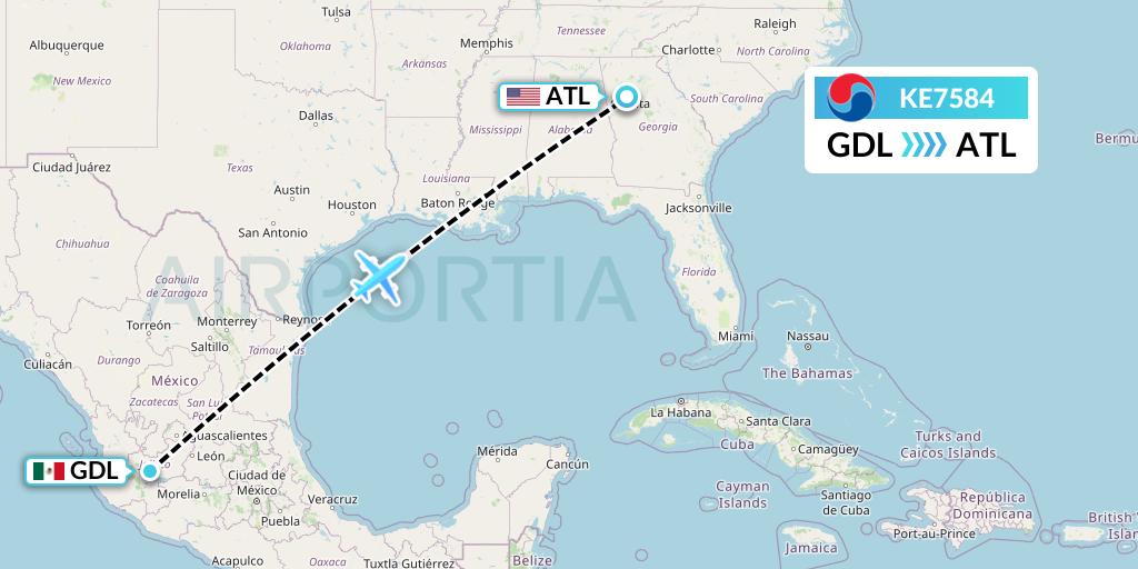 KE7584 Korean Air Flight Map: Guadalajara to Atlanta