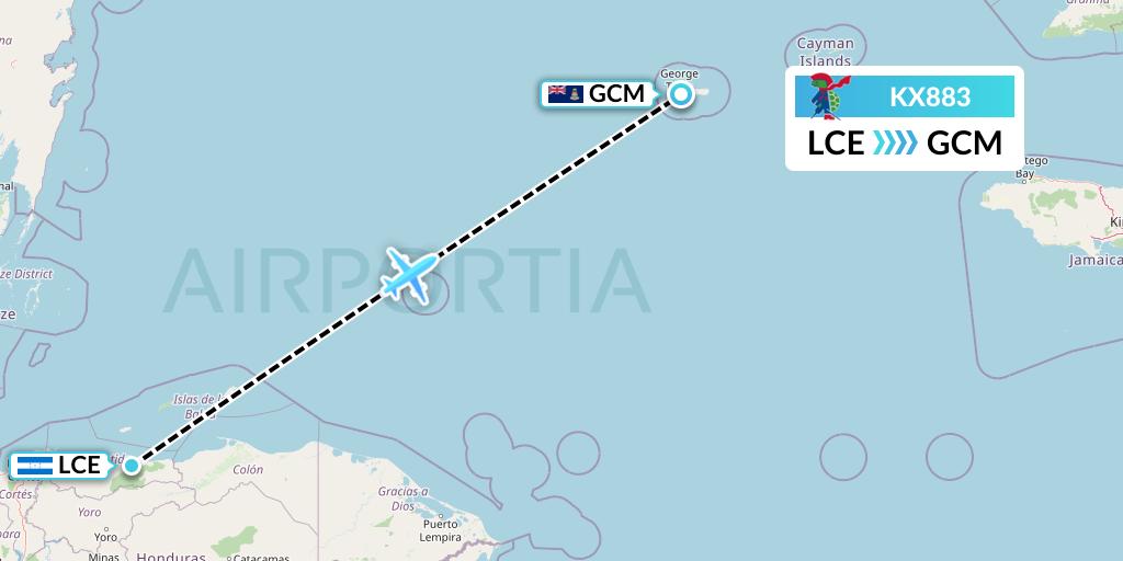 KX883 Cayman Airways Flight Map: La Ceiba to George Town