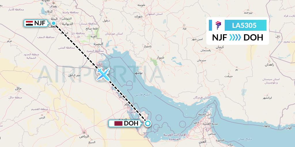 LA5305 LAN Airlines Flight Map: Najaf to Doha