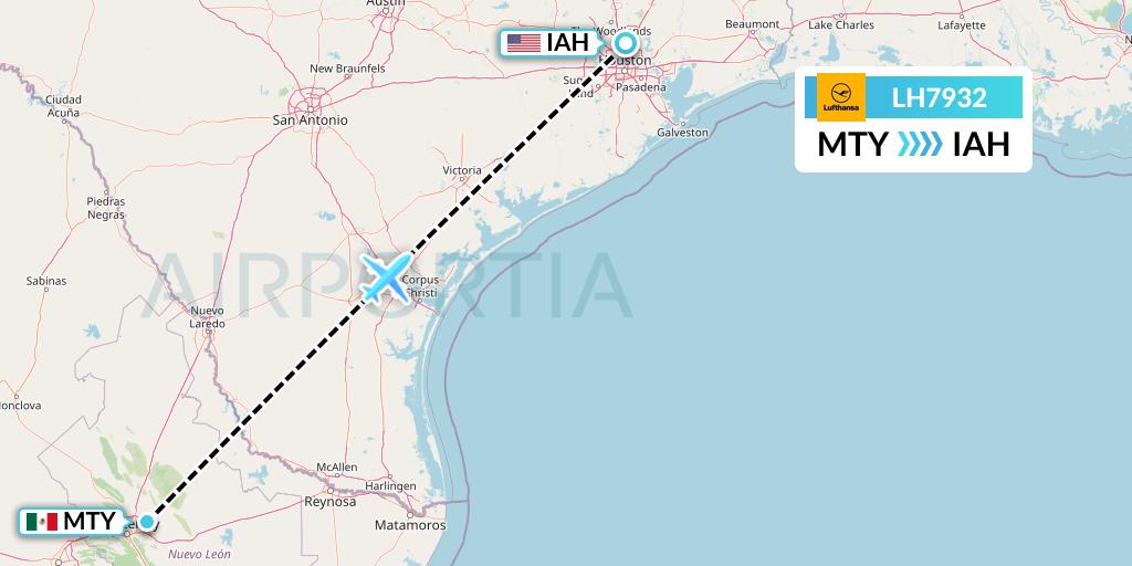 LH7932 Lufthansa Flight Map: Monterrey to Houston