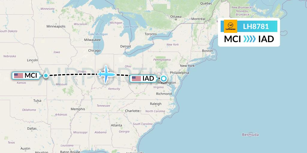 LH8781 Lufthansa Flight Map: Kansas City to Washington