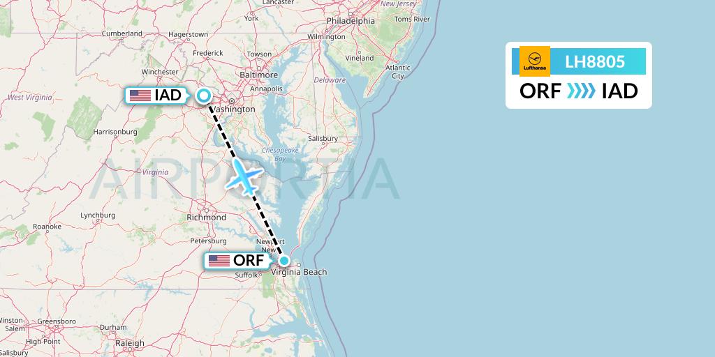 LH8805 Lufthansa Flight Map: Norfolk to Washington