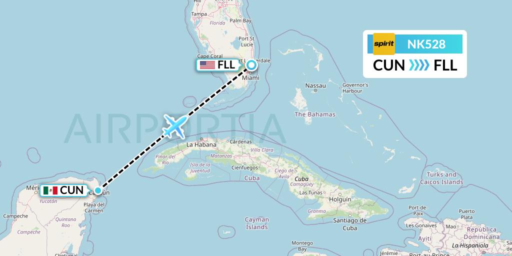 NK528 Spirit Airlines Flight Map: Cancun to Fort Lauderdale