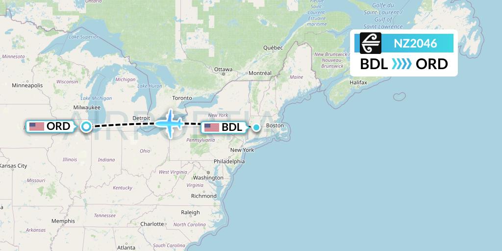 NZ2046 Air New Zealand Flight Map: Windsor Locks to Chicago