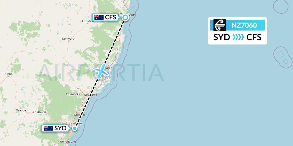 NZ7060 Air New Zealand Flight Map: Sydney to Coffs Harbour
