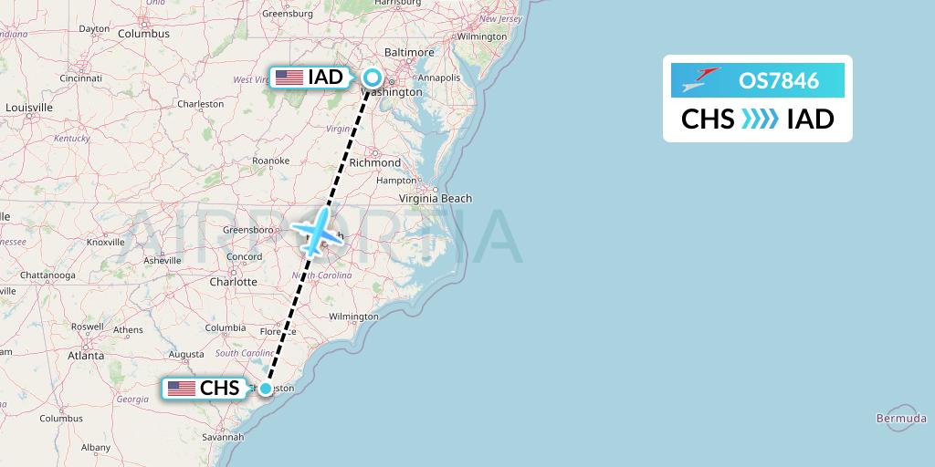 OS7846 Austrian Airlines Flight Map: Charleston to Washington