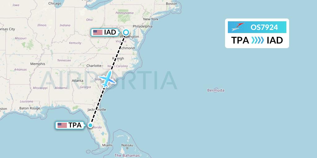 OS7924 Austrian Airlines Flight Map: Tampa to Washington