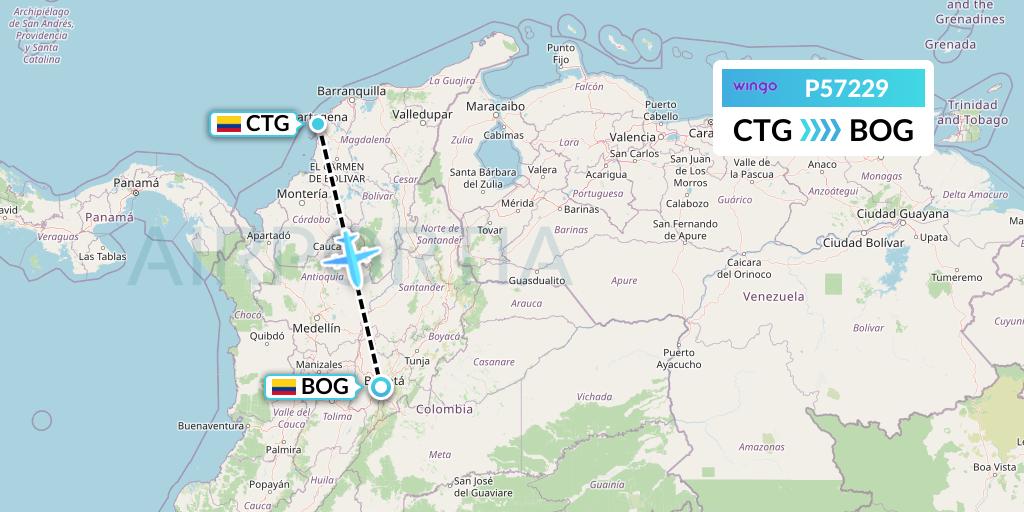 P57229 Copa Airlines Colombia Flight Map: Cartagena to Bogota